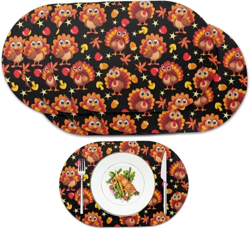Miniatura 59 de Non Slip Placemats Set of 6 Pumpkin Mushroom Theme Waterproof Wipeable Faux Leather for Thanksgiving Family Feast Heat Resistant Dining Table Mats