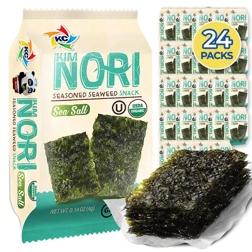 Miniatura 7 de KIMNORI Hojas de bocadillos de algas marinas sazonadas – Sabor dulce y picante con sal marina orgánica 24 paquetes individuales tostados crujientes