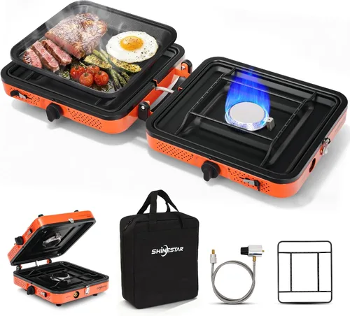 Estufa de camping portátil SHINESTAR con bolsa de transporte, estufa de propano de 2 quemadores de 17000 BTU, estufa de campamento plegable para