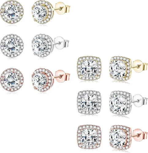 Udalyn 6 pares de aretes tipo halo para mujer chapados en oro blanco de 18 quilates y oro rosa redondos cuadrados con circonita cúbica brillante