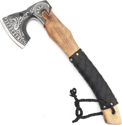 Miniatura 2 de AX-3016 Hacha vikinga de acero al carbono forjada con eje de madera de fresno - Hacha de camping barbuda vikingo
