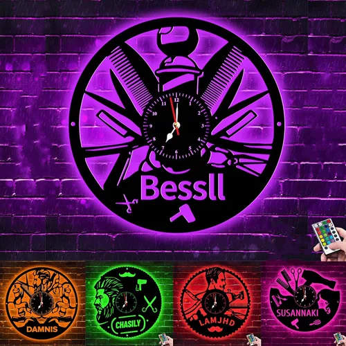 Miniatura 15 de Reloj de pared con nombre personalizado para dormitorio, sala de estar, cocina, barbería, peluquería, peluquería, herramienta de peluquería, Reloj