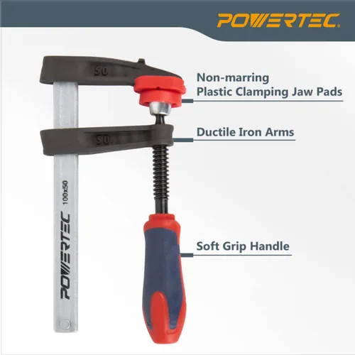 Miniatura 2 de POWERTEC 71591 Abrazadera F de 4 pulgadas resistente estilo F Abrazaderas de barra para carpintería, capacidad de 330 libras cada una, paquete de 2