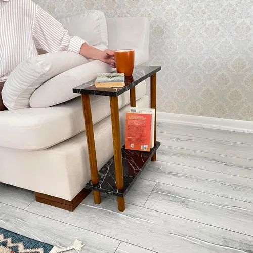 Narrow Small Places - Mesa auxiliar moderna de mármol sintético para sofá sala de estar, mesa auxiliar minimalista delgada de 2 niveles con estante