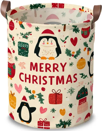 Cesta de lavandería de 15.75 x 15.75 x 19.7 pulgadas, diseño de pingüino de Navidad, plegable, con asas, almacenamiento de ropa sucia para