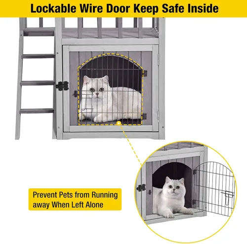 Miniatura 5 de Aivituvin Casa para gatos al aire libre con puerta de alambre con cerradura, refugio de madera para perros, condominio para interiores con balcón