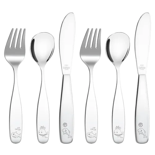 Miniatura 9 de Lehoo Castle Cubiertos para niños pequeños, 6 piezas, utensilios de acero inoxidable para niños, cubiertos seguros para niños para autoalimentarse