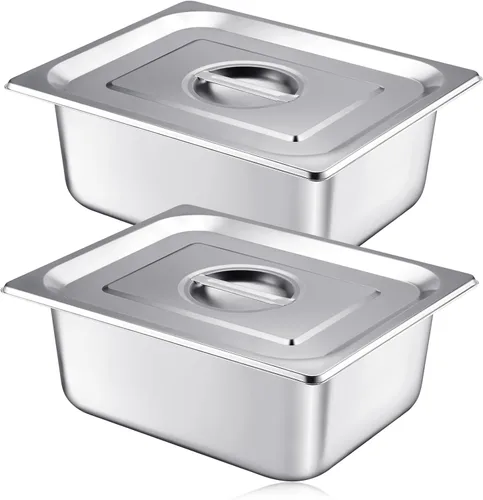 Mifoci Paquete de 2 sartenes de vapor de acero inoxidable con tapa, 1/2 de tamaño x 4 pulgadas de profundidad, suministros de restaurante,