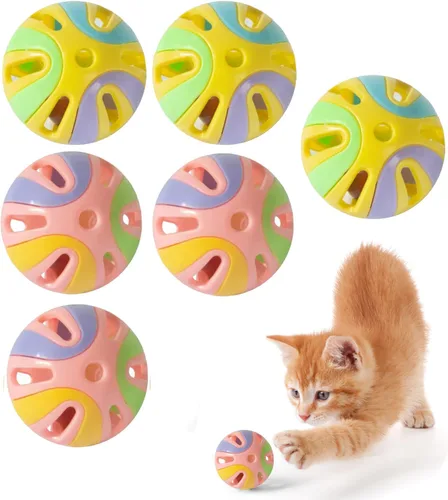 Pelotas de juguete coloridas para gatos con campana, 6 unidades, diseño hueco interactivo, plástico, juguete de ejercicio de entrenamiento (2 en 1 2