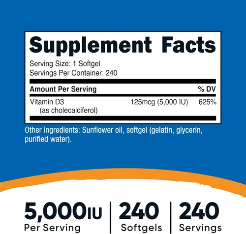 Miniatura 2 de Nutricost Vitamina D3 5,000 UI, 240 cápsulas blandas - Vitamina D sin OMG y sin gluten