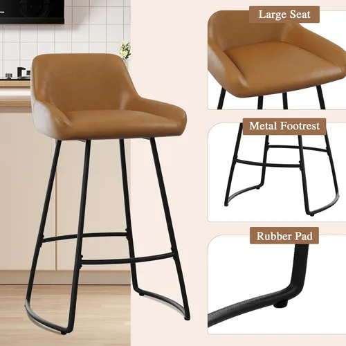 Miniatura 8 de Alunaune Juego de 2 taburetes de bar de 24 pulgadas, de piel sintética de mediados de siglo, sillas de bar modernas para comedor con patas traseras