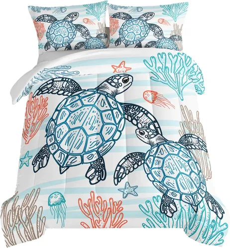 HOSIMA Juego de edredón de tortuga marina, juego de edredón con temática de playa costera tamaño Queen para niños, adolescentes y niñas, decoración