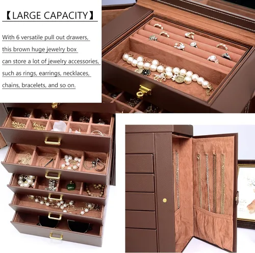 Miniatura 4 de AKOZLIN - Organizador de joyas grande de 6 niveles, con cerradura, funcional y enorme, con 5 cajones, de cuero, para mujeres y niñas, para anillos