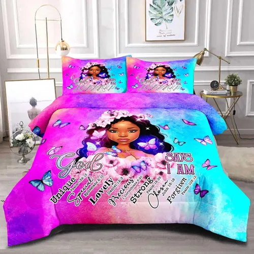 Miniatura 12 de Juego de edredón de niña negra tamaño individual para niños, juego de ropa de cama mágica para niñas negras, edredón de Christan inspirador