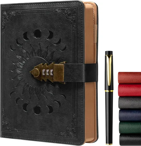 ZXHQ Diario A5 con candado, 120Gsm 224 Páginas Diario con Cerradura, Juego de Bolígrafos, Borde Marrón, Rellenable, Tapa Dura de Cuero, Bolsillo