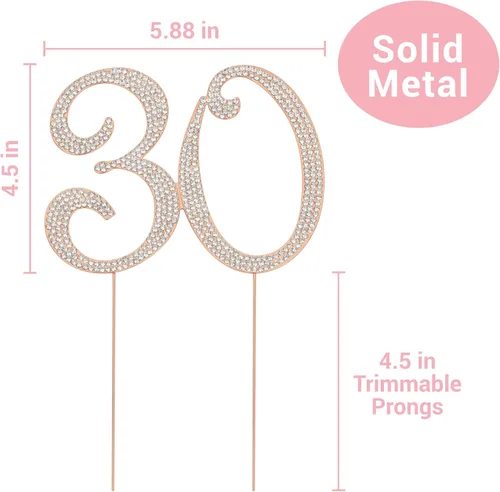 Miniatura 4 de Decoración de 30 tartas – Metal de oro rosa de alta calidad – Decoración de diamantes de imitación brillantes para fiesta de cumpleaños número 30