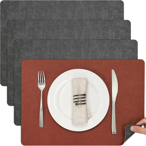 Miniatura 58 de Myir JUN Juego de 6 manteles individuales de doble cara, de piel sintética, para interiores, para mesa de comedor, exteriores, cuadrados, Negro