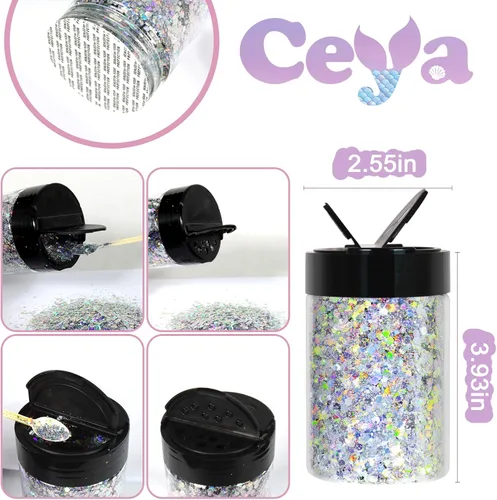 Miniatura 4 de Ceya Purpurina gruesa holográfica, 4.9 onzas/4.94 oz de diamante plateado con purpurina en polvo mezclado con copos finos iridiscentes para arte