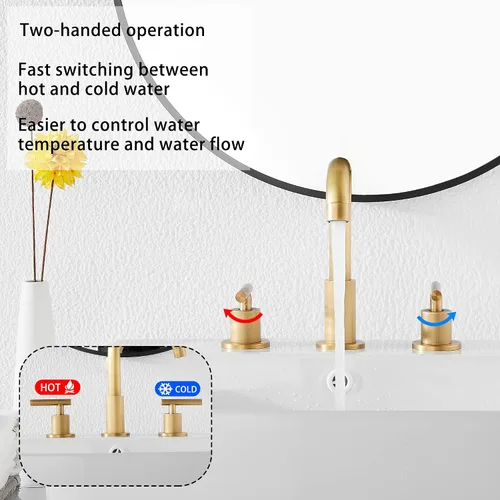 Miniatura 3 de Caño giratorio de 360°, 2 asas, 3 agujeros, 8 pulgadas, grifo de lavabo de baño de latón antiguo a juego con desagüe desplegable para baño