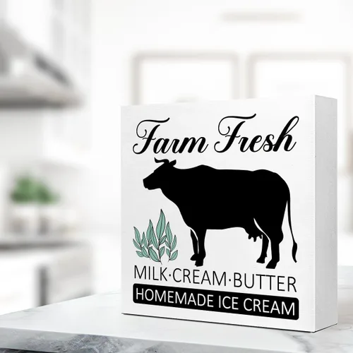 Miniatura 4 de LVQHI Letrero de madera artesanal con diseño de granja de crema de leche fresca y mantequilla, heladería casera, letrero de granja lechera