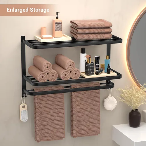 Miniatura 5 de Estante de toallas de 3 niveles de 23 pulgadas en negro para baño con barras de toallas, estante de toallas de hotel multicapa de acero inoxidable