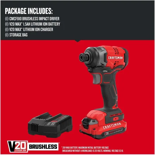 Miniatura 3 de CRAFTSMAN Kit de destornillador de impacto inalámbrico V20, 1/4 de pulgada, batería y cargador incluidos (CMCF810C1)