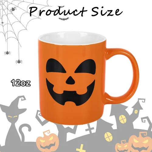 Miniatura 2 de Whaline Juego de 4 tazas de Halloween de 12 onzas con diseño de calabaza, gato, monstruo, fantasma, tazas de cerámica a juego para el hogar