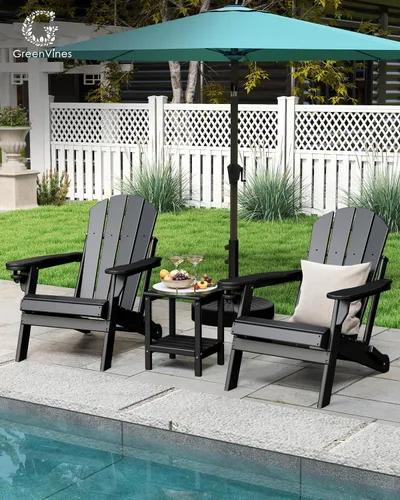 Miniatura 2 de GREENVINES Juego de 2 sillas plegables Adirondack Plástico HDPE Silla para hoguera Todo clima Portavasos Negro para terraza, patio