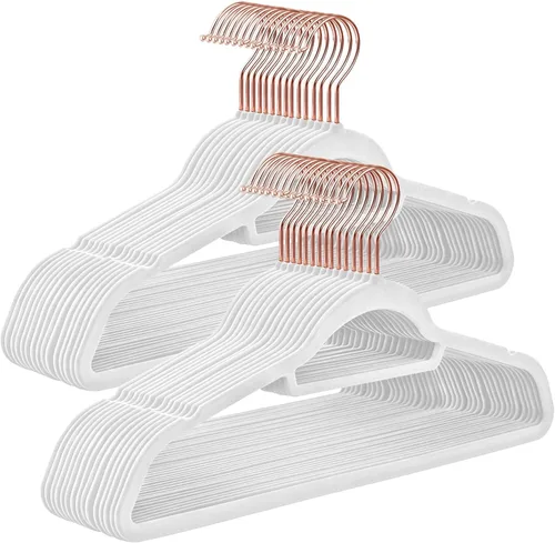 Miniatura 10 de SONGMICS Perchas de Terciopelo, Juego de 50 Perchas para Ropa con Gancho Giratorio de Oro Rosa, Antideslizantes y que Ahorran Espacio, 0.2 Pulgadas