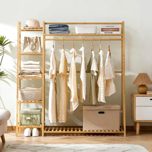 Miniatura 7 de Percheros de madera para colgar ropa, estante de ropa de bambú con estantes, organizador de armario con zapatero, para pasillo, sala de estar