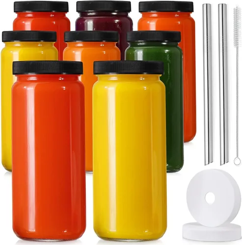 Miniatura 10 de Paquete de 8 botellas de vidrio para jugo con 2 popotes y 2 tapas con agujero, tarros de viaje de 16 onzas, vasos de agua con tapas herméticas Tapas