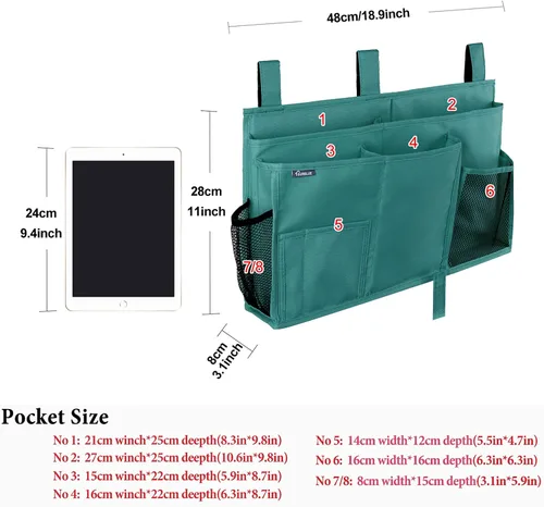 Miniatura 5 de Surblue Caddy Organizador colgante, Bolsa de almacenamiento para cabecera para literas y camas de hospital, Azul Turquesa, L R-Teal