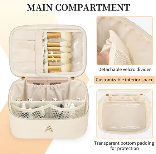Miniatura 2 de OCHEAL Bolsa de maquillaje personalizada, bolsa de maquillaje beige para mujer, kit de aseo de viaje con monograma, organizador de cosméticos listo