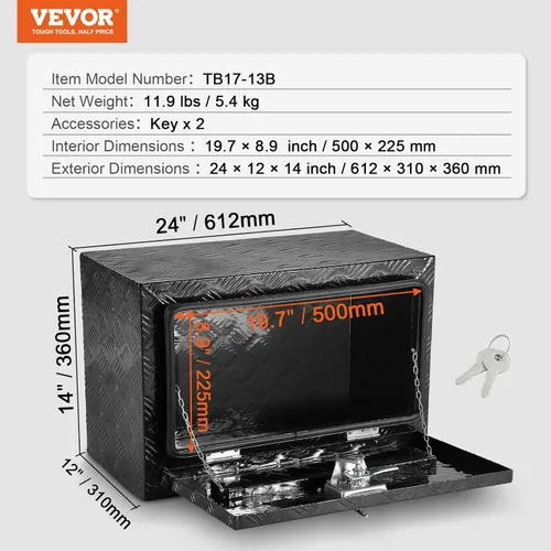 Miniatura 7 de VEVOR Caja para Debajo del Camión, Caja de Almacenamiento para Pickup de 24" x 12" x 14", Caja de Herramientas de Placa de Diamante de Aluminio