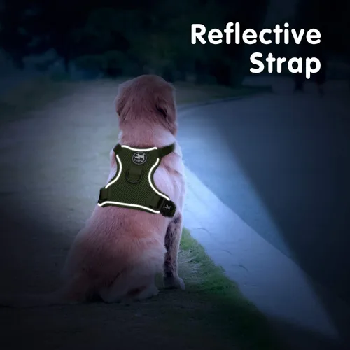 Miniatura 6 de PoyPet chaleco reflectante de malla suave transpirable para perro sin estrangulamiento doble acolchado con cuello y pecho ajustables Verde(Military