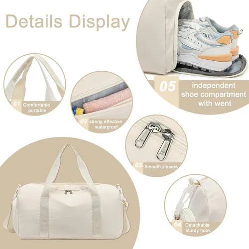 Miniatura 4 de Bolsa de viaje deportiva para gimnasio para hombres y mujeres con compartimento para zapatos, bolsillo húmedo, Beige puro, Moda