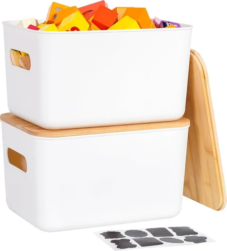 Citylife - 2 contenedores de almacenamiento de plástico con tapas de bambú para organizar cajas de almacenamiento apilables con asa, 10.23 x 7.08 x