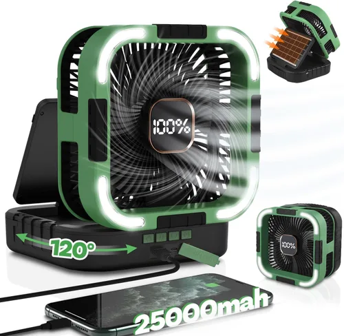 Miniatura 10 de Ventilador solar de campamento de 25000 mAh, ventilador solar recargable de oscilación de 120° con luz LED, 6 velocidades ajustables, ventiladores