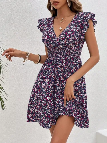 Miniatura 4 de Milumia Minivestido acampanado con cuello en V fruncido y mangas casquillo para mujer
