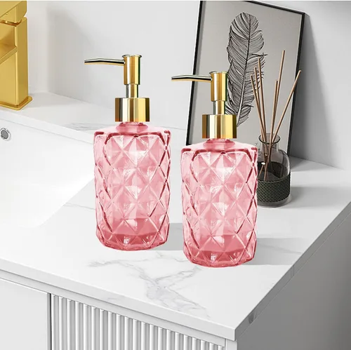 Miniatura 6 de Paquete de 2 dispensadores de jabón de vidrio rosa, 11.2 fl oz/11 oz, dispensador de acondicionador de ducha de baño con bomba dorada, botella