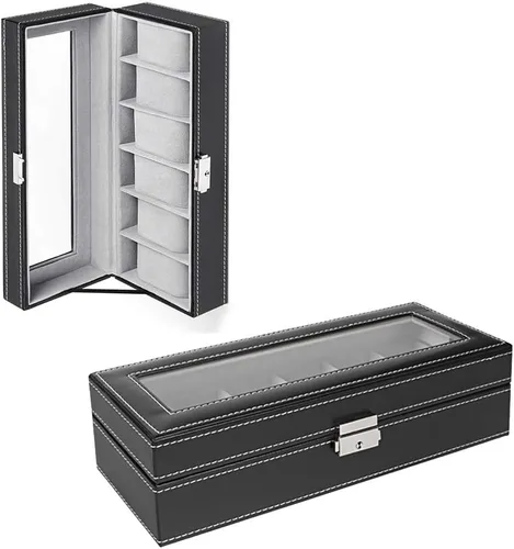 Miniatura 8 de NEX Caja de reloj organizador para hombres, de piel sintética superior de cristal para el almacenamiento de relojes