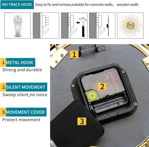 Miniatura 5 de Reloj de pared grande moderno, decorativo, de metal, de 24 pulgadas, silencioso, sin tictac, hecho a mano, de lujo, diseño de diamante, para sala