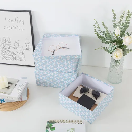 Miniatura 6 de Soul & Lane Juego de 3 cajas decorativas con tapas, cuadradas de 28 cm x 28 cm, de cartón anidadas para decoración del hogar en azul, cajas