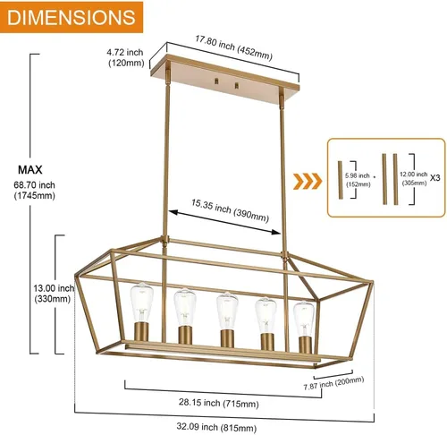 Miniatura 4 de Lámpara moderna de 5 luces para isla de cocina en acabado dorado, lámpara colgante industrial con marco de metal para comedor, vestíbulo, cafetería