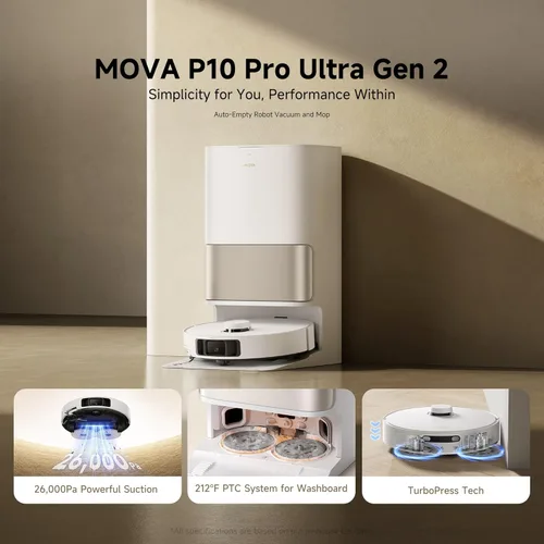 Miniatura 8 de Mova Robot aspirador y trapeador P10 Pro Ultra Gen 2, suacción de 26,000 Pa, lavado automático de trapeador de agua caliente a 212 °F, secado