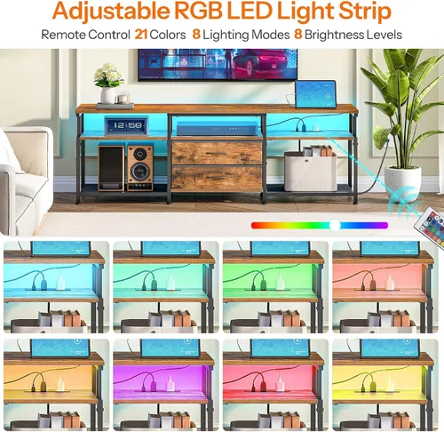 Miniatura 7 de HOOBRO - Soporte de TV con toma de corriente y luz LED, centro de entretenimiento para televisores de hasta 65 pulgadas, consola de medios moderna