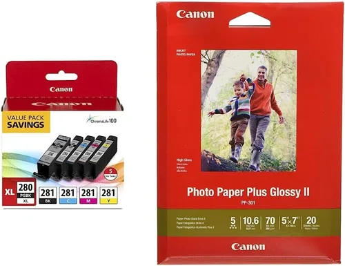 Canon PGI-280XL/CLI-281 Paquete de 5 colores compatibles con TR8520, TR7520, TS9120, TS8120 Series, TS6120 Series & Ink 1432C002 Papel fotográfico