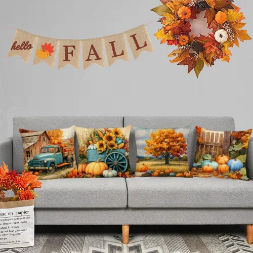 Miniatura 6 de Juego de 4 fundas de almohada de otoño de 12 x 12 pulgadas, fundas de almohada de calabazas de Acción de Gracias, fundas de cojín decorativas