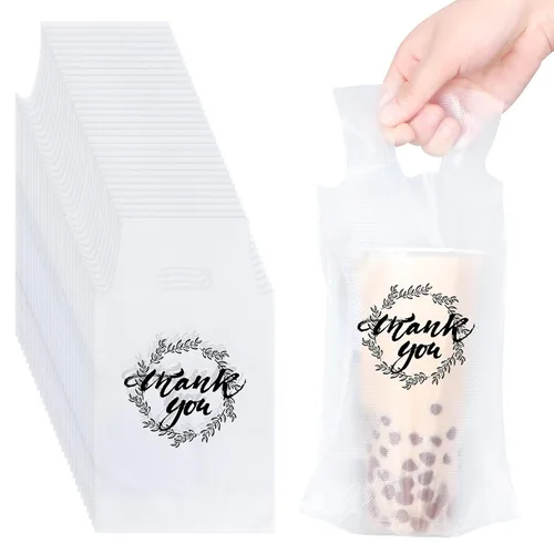 Kisston 1000 Pz Portador de bebidas para entrega, bolsas de plástico para bebidas con asa transparentes, bolsas de polietileno para bebidas en masa