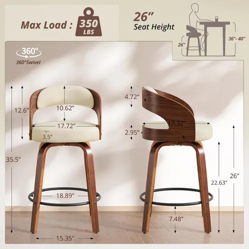 Miniatura 2 de Juego de 1 taburete de bar giratorio, 26" de cuero sintético tapizado, altura de mostrador con respaldo, silla de bar moderna de mediados de siglo